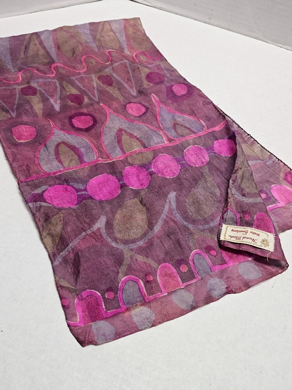 Womens Hand Made Hallie Greenbery Silk Batik Dye Scarf Purples Magenta Vibrant
